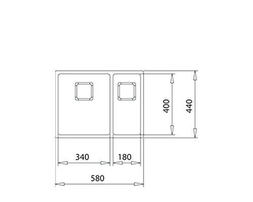 Desen tehnic al unei chiuvete cu două cuve și dimensiuni.