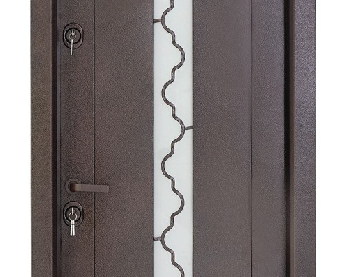 Detaliu al unei uși de intrare cu inserție de sticlă și chei