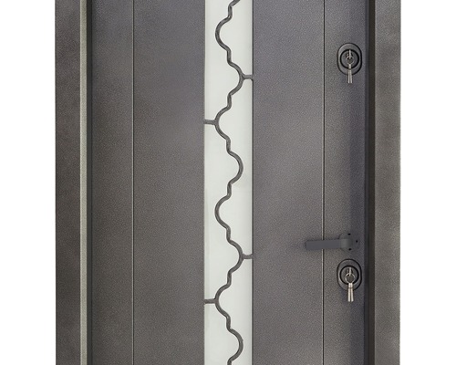 Imagine detaliată a unei uși de intrare gri cu inserție de sticlă, mâner și încuietoare cu cheie