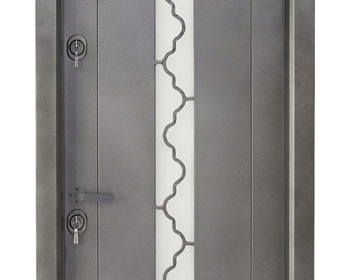 Prim-plan cu o ușă de intrare gri cu inserție de sticlă