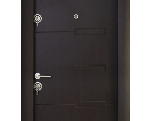 O ușă de intrare întunecată cu mâner și chei.