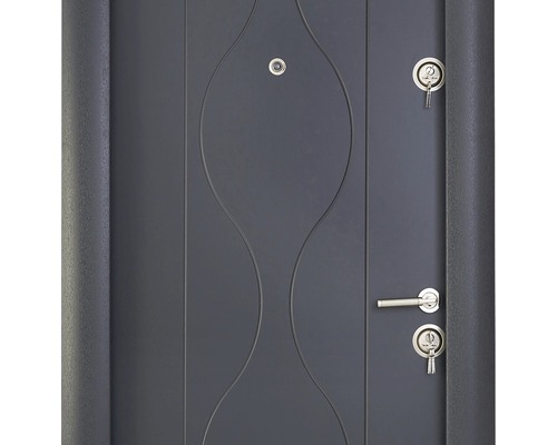 Ușă de intrare gri cu încuietoare, mâner și chei
