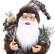 Figurină decorativă Moș Crăciun cu pălărie și sac în carouri