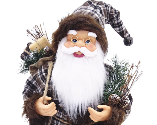 Figurină decorativă Moș Crăciun cu pălărie și sac în carouri