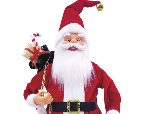 Figurină Moș Crăciun cu sac de cadouri, acadea și clopoțel