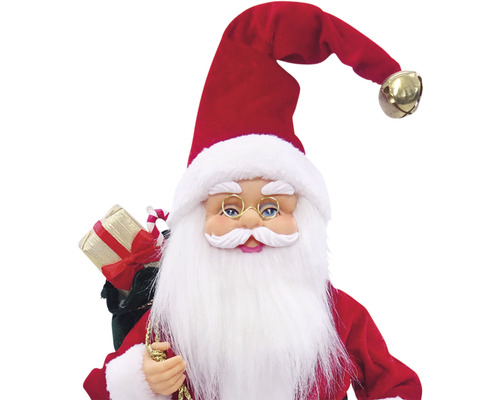 Figurină Moș Crăciun cu sac de cadouri și căciulă cu clopoțel