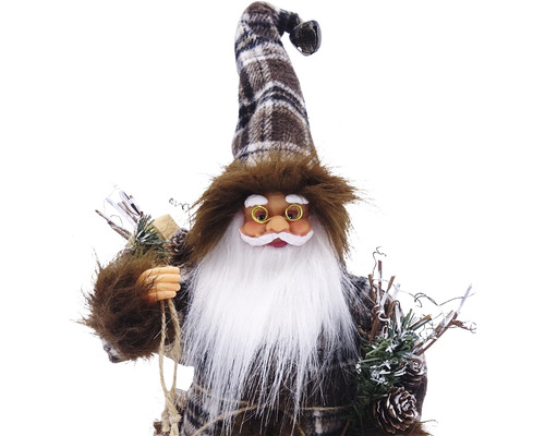 Moș Crăciun decorativ cu căciulă în carouri, barbă și ramuri pentru decorarea de Crăciun