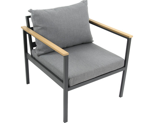 Scaun de grădină cu perne gri și cotiere din lemn