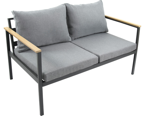Canapea de grădină cu două locuri, perne gri și brațe din lemn