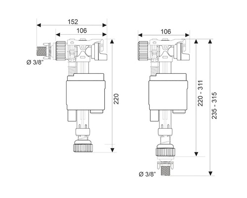 Desen tehnic al unei supape de umplere a rezervorului de toaletă cu indicații de măsurare