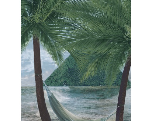 Scenă cu hamac între doi palmieri pe plajă, cu vedere la un deal împădurit