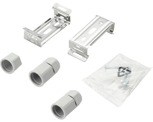 Material de instalare pentru instalații sanitare, inclusiv suporturi, racorduri filetate și material de fixare.