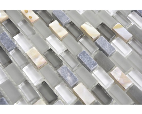 Placă de mozaic cu elemente din sticlă, piatră naturală și scoici