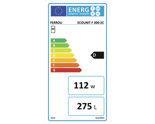 Eticheta ecologică Ferroli pentru ECOUNIT F 300-2C cu clasa de eficiență energetică D, 112 wați și 275 litri