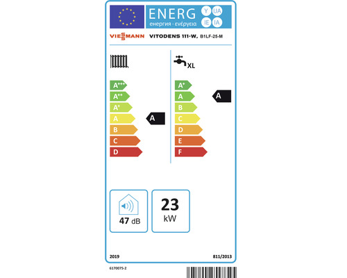 Etichetă energetică pentru aparatul de încălzire Viessmann Vitodens 111-W, B1LF-25-M