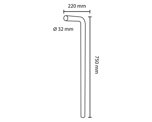 Țeavă de scurgere cu diametrul de 32 milimetri și lungimea de 750 milimetri și lățimea de 220 milimetri