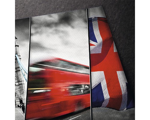 Imagine de perete din mai multe părți cu motive londoneze, inclusiv Tower Bridge, autobuzul roșu cu etaj și steagul Regatului Unit.