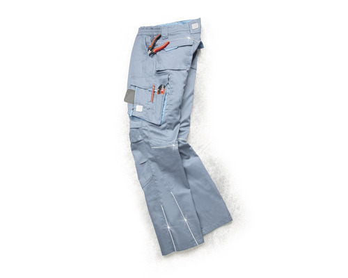 Pantaloni de lucru gri cu multiple buzunare și scule.