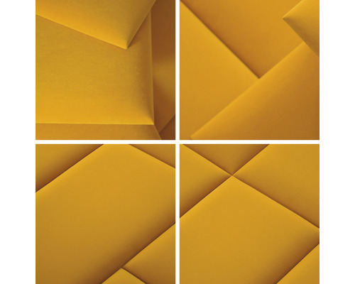 Prim-plan cu panouri acustice galbene cu model geometric pentru absorbția sunetului