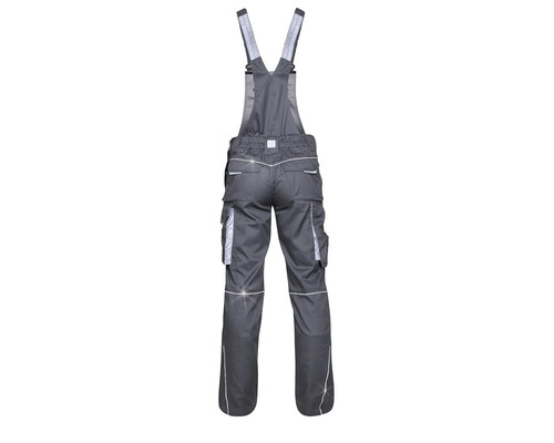 Pantaloni de lucru gri cu bretele și buzunare din spate