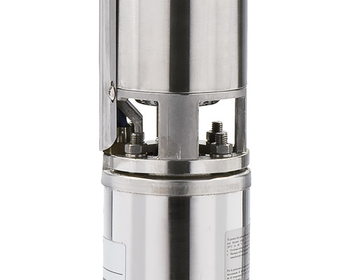 Prim-plan cu o pompă submersibilă din oțel inoxidabil cu conexiuni prin șuruburi