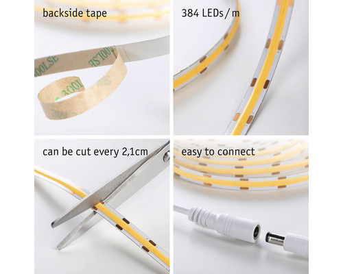 Bandă LED cu bandă adezivă pe spate, 384 LED-uri pe metru, poate fi tăiată la fiecare 2,1 centimetri și ușor de conectat