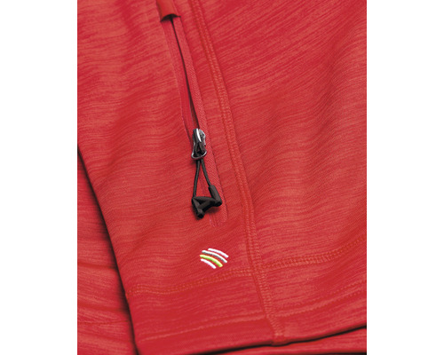 Detaliu al unei jachete roșii cu fermoar și logo