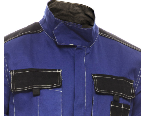 Jachetă de lucru albastră cu detalii negre și buzunare aplicate