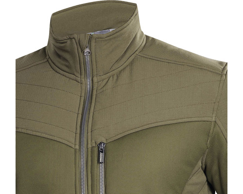 Prim-plan cu o jachetă verde măsliniu cu fermoar și guler ridicat