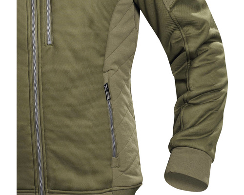 Prim-plan cu o jachetă cu fermoar și mâneci matlasate