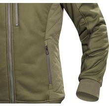 Prim-plan cu o jachetă outdoor verde cu fermoare