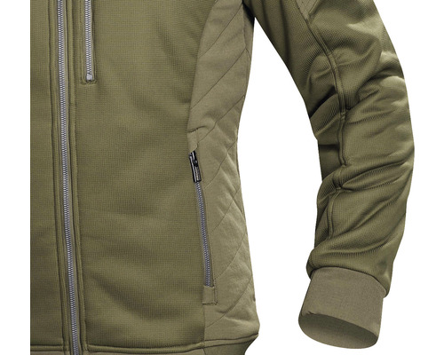 Prim-plan cu o jachetă outdoor verde cu fermoare