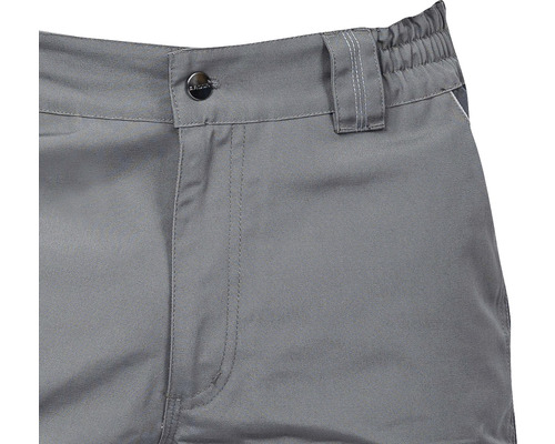 Prim-plan cu pantaloni de lucru gri, cu închidere cu nasturi și găici pentru curea