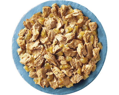 Hrană pentru pisici cu pui într-o farfurie