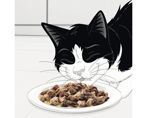 Desen al unei pisici cu un castron cu mâncare pentru pisici