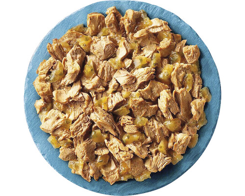 Mâncare pentru pisici cu pui și legume pe o farfurie