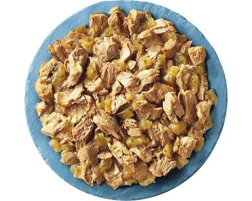 Mâncare pentru pisici cu carne de pasăre pe o farfurie