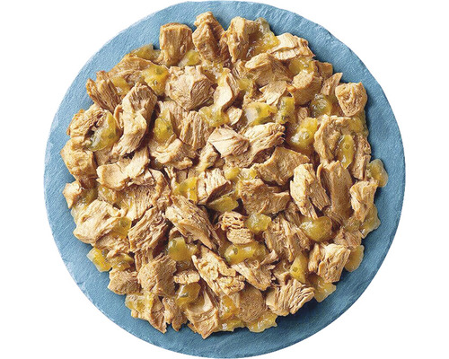 Mâncare pentru pisici cu pui și legume pe o farfurie