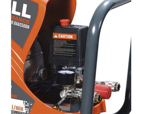 Imagine detaliată cu un compresor de aer, cu indicator de presiune și instrucțiuni de siguranță