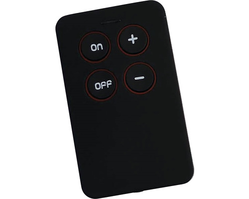 Telecomandă neagră cu patru butoane: Pornit, Oprit, Plus și Minus.