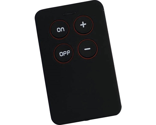 Telecomandă neagră cu patru butoane: pornit, oprit, plus și minus.