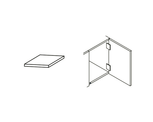 Reprezentare schematică a unui perete de duș cu intrare pe colț și raft de duș pătrat