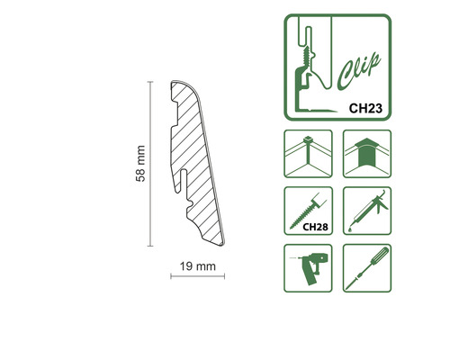 Schiță a unui profil de plintă cu dimensiunile de 58 mm înălțime și 19 mm lățime, plus simboluri pentru montarea cu clipsuri și fixare.