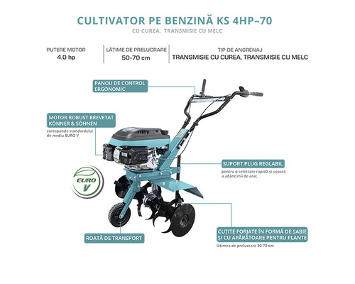 Cultivator pe benzină KS 4HP-70 cu curea și transmisie melc
