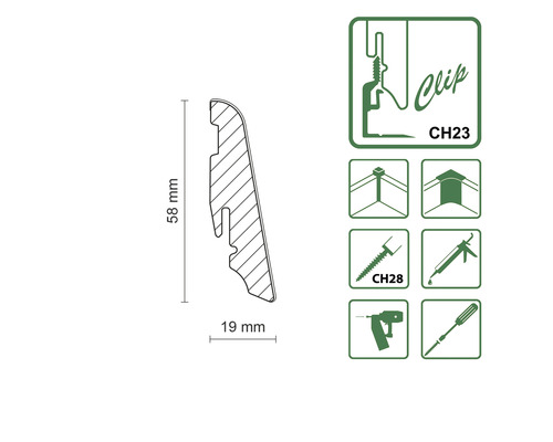 Dimensiunile și simbolurile unei plinte cu montare cu cleme, înălțime de 58 mm și lățime de 19 mm