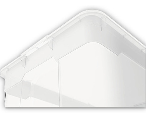 Vizualizare detaliată a unei cutii de depozitare transparente din plastic