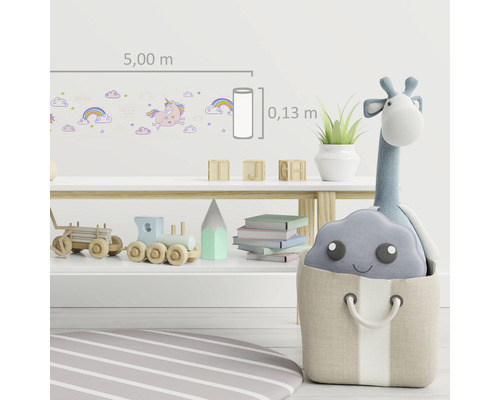 Cameră pentru copii cu bordură cu unicorn, nori și curcubee, lungime cinci metri și lățime 0,13 metri