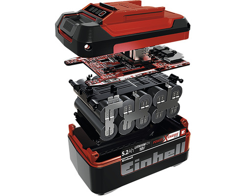 Baterie Einhell în vedere explodată cu 5,2 amperi-oră și 18 volți