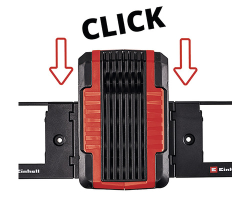 Sigla Einhell. Sistem de fixare pentru lampă cu funcție clic.