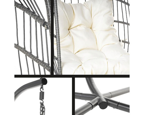 Prim-plan cu detalii ale unui scaun suspendat: împletitură, tapițerie, suspensie cu arc și picior.